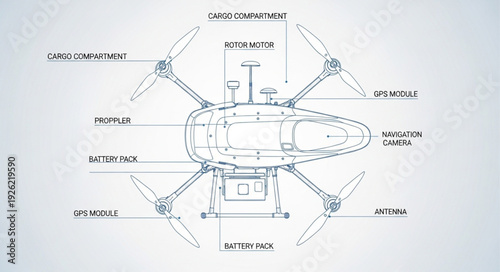 Detailed diagram of a drone showcasing its various components and design.