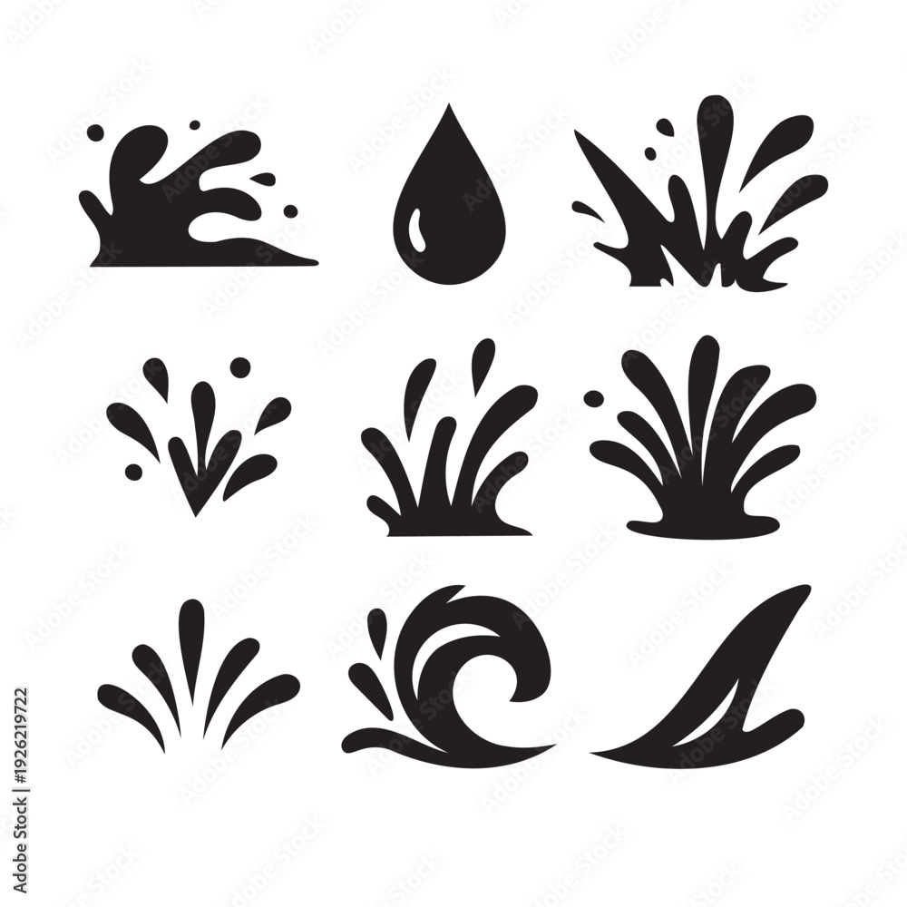 Obraz premium Water splash silhouette set of liquid drops and wave icons for graphic design.