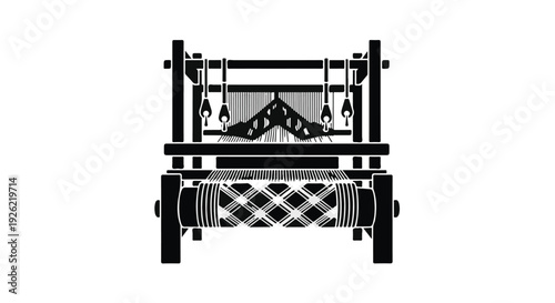 Traditional wooden loom for weaving fabric, showcasing intricate craftsmanship and textile production.