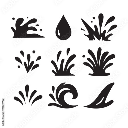Water splash silhouette set of liquid drops and wave icons for graphic design.
