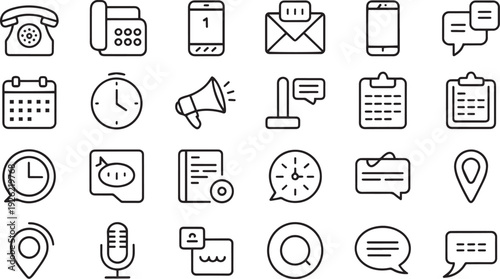 Collection of flat design communication and technology icons isolated on transparent background