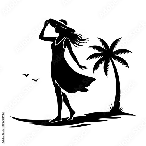Woman Walking on Tropical Beach Silhouette Vector Illustration Summer Vacation Lifestyle Scene