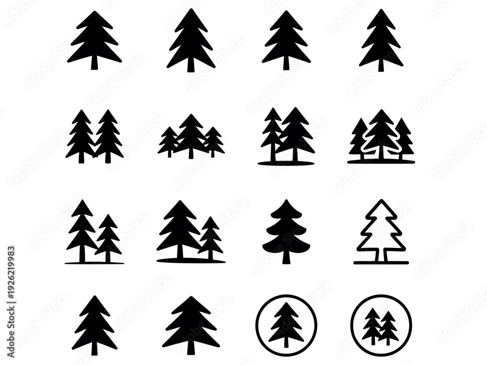 Obraz premium Pine Tree and Evergreen Forest Icon Set for Outdoor Adventure and Nature Symbols Vector Illustration.