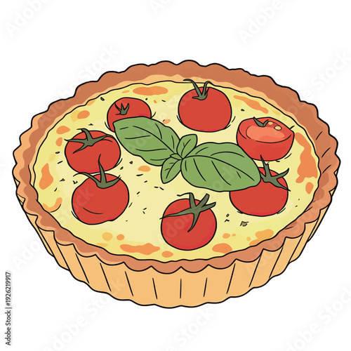 A tart filled with tomatoes and basil placed on a kitchen counter. The tart looks fresh and ready to be served.