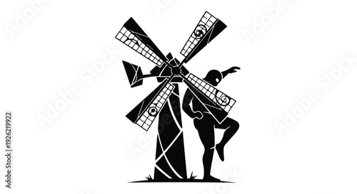 Silhouette of a person dancing energetically next to a stylized windmill
