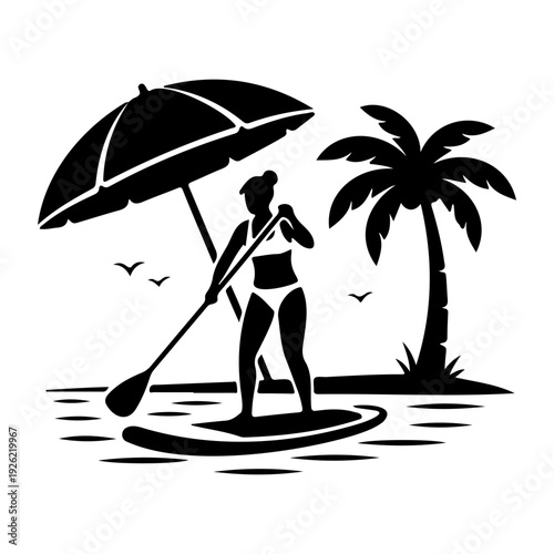 Stand Up Paddle Boarding Woman Silhouette Tropical Beach Summer Vacation Water Sport Vector Illustration