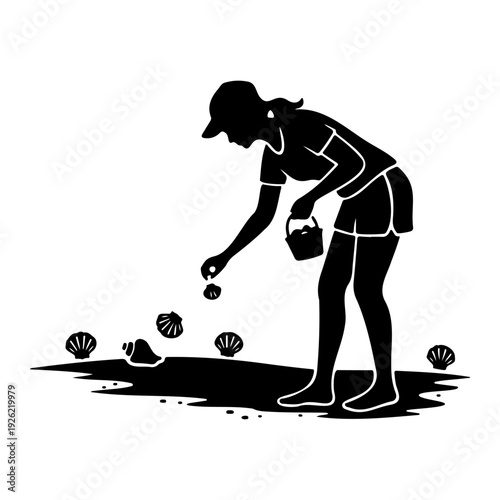 Woman Collecting Seashells on Beach Silhouette Vector Illustration Summer Vacation Coastal Lifestyle Scene
