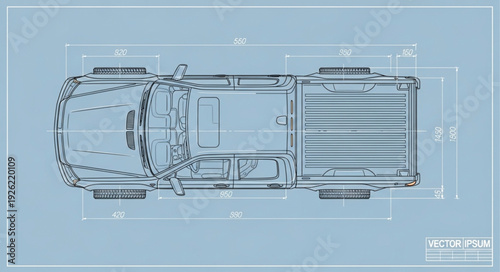 Detailed blueprint of a truck, showcasing its design and structure from above.