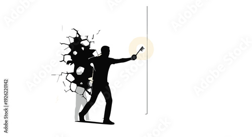 Silhouette of a person breaking through a wall with a hammer, symbolizing breaking barriers and achieving goals.