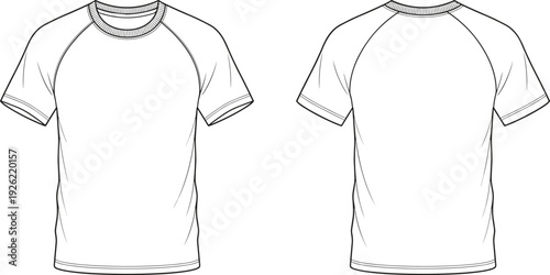 Men raglan sleeve t shirt vector illustration, short sleeve crew neck front back view template