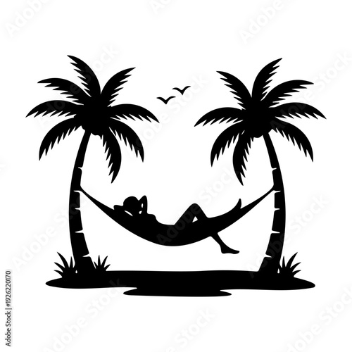 Person Relaxing in Hammock Between Palm Trees Tropical Beach Vacation Silhouette Vector Illustration