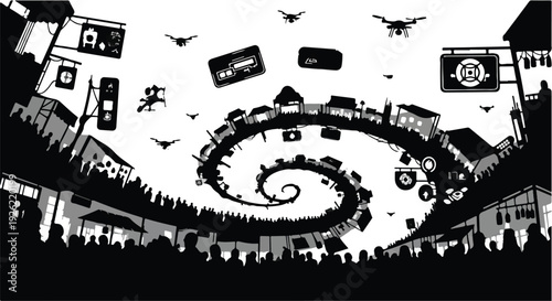 Whimsical spiral cityscape with flying drones and silhouetted crowds, evoking a surreal urban dreamscape.