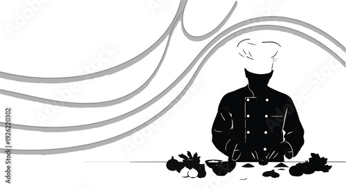 Chef in uniform preparing ingredients for a meal in a modern kitchen with abstract decorative elements