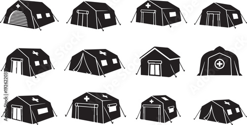 Collection of various black and white tent illustrations for camping