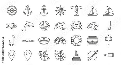 Collection of nautical themed line art illustrations, perfect for design projects and marine concepts.
