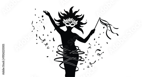 Mysterious figure in mask and costume celebrates with confetti and ribbons