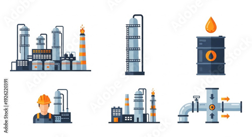 Oil refinery plant and related industrial equipment illustrations for energy production.