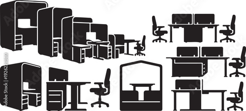 Office Cubicles and Workstations in Black and White Silhouette Style