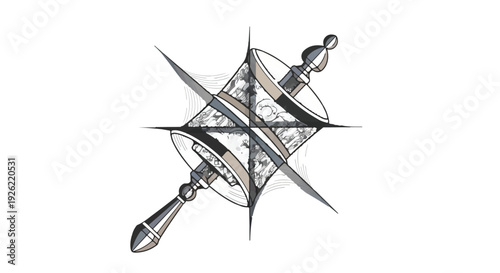 Intricate compass rose design with a spiritual prayer wheel element