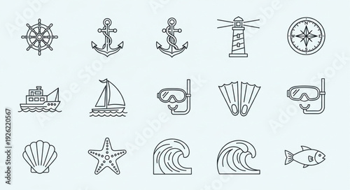 Collection of nautical and marine themed line art icons for design.