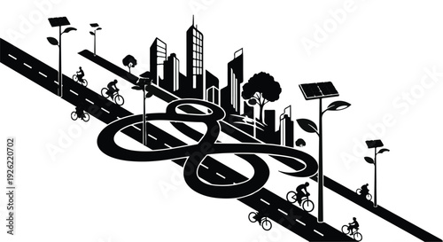 Stylized city skyline with cyclists on a road, representing eco-friendly urban transport and sustainability.