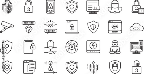 Collection of flat design security and technology icons isolated on transparent background