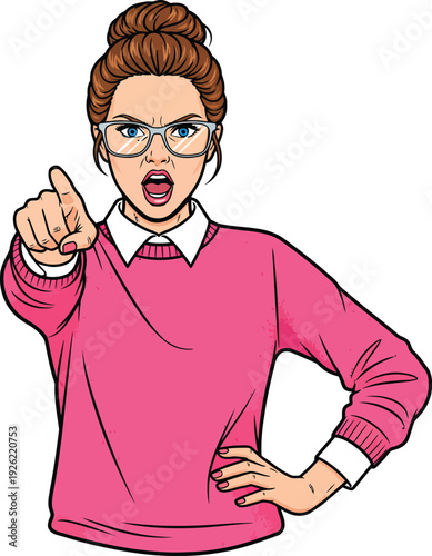 Stern woman with a hair bun and glasses wearing a pink sweater pointing her finger angrily.