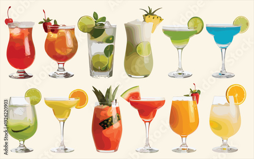 Assortment of Colorful Tropical Cocktails with Fruit Garnishes