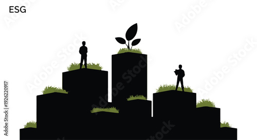 Silhouettes of people on rooftops with greenery, symbolizing sustainable urban development and corporate responsibility.