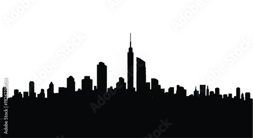 Dramatic black silhouette of a modern city skyline against a stark white background.