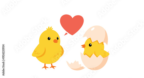 Adorable cartoon chick expressing love with a heart to a newly hatched baby chick just emerging from its broken eggshell.