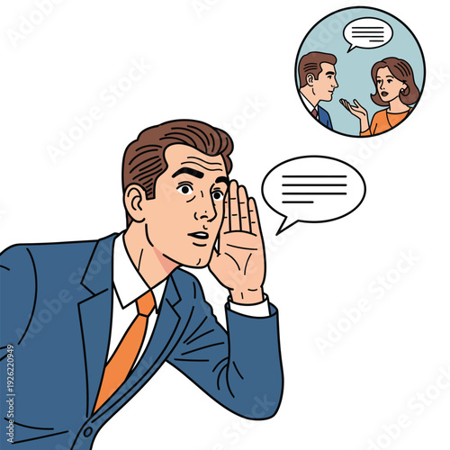 Surprised businessman in a pop art style cupping his hand to his ear to listen intently.