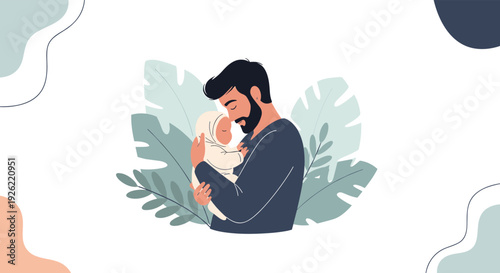 Loving father with a beard tenderly holding his newborn baby in his arms against a simple background with stylized leaves.