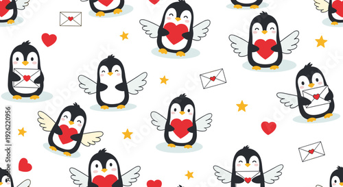 Seamless pattern with adorable cartoon cupid penguins with angel wings, holding red hearts and love letters on a white background.