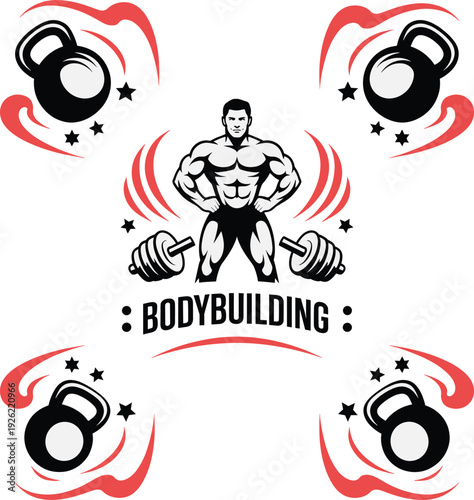 Bodybuilding fitness logo design, muscular man with dumbbells and kettlebells vector illustration for gym training, strength workout emblem in black and red graphic style