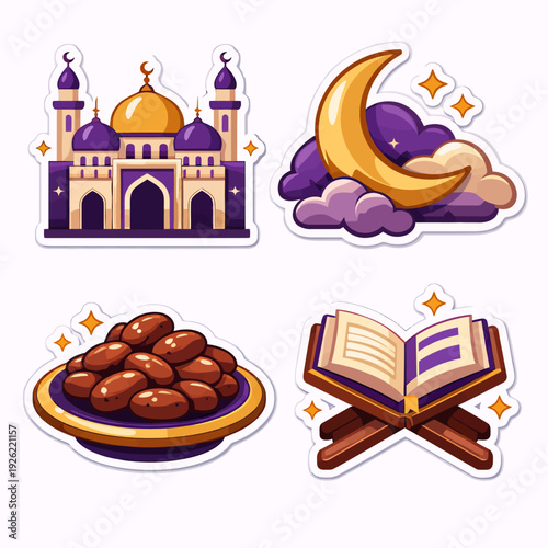 A collection of four vibrant cartoon stickers depicting Islamic symbols: a mosque, a crescent moon with stars, a plate of dates, and an open holy book on a stand.