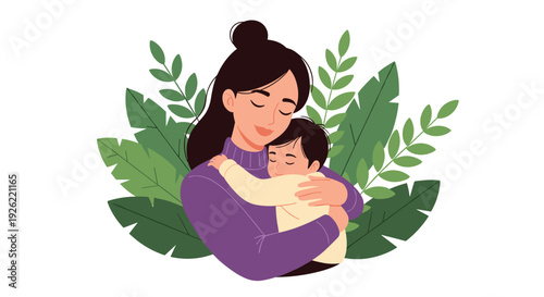 Beautiful illustration of a loving mother with her eyes closed, tenderly hugging her sleeping child against a green leaf background.