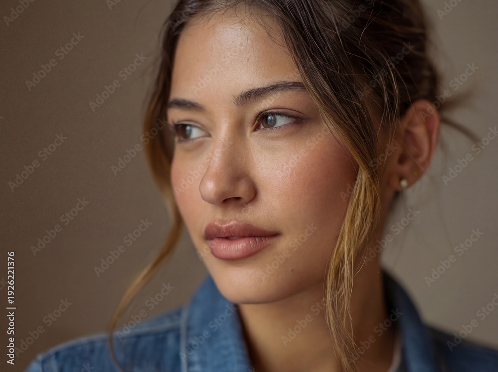 Naklejka premium Young woman gazes thoughtfully while posing in a simple setting during afternoon light in a casual outfit