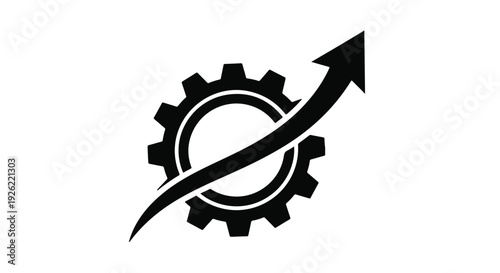 Black gear symbol with upward arrow indicating progress and growth