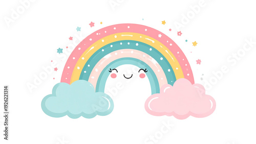Cute smiling rainbow with clouds vector illustration in pastel colors isolated on white background for nursery kids and baby designs