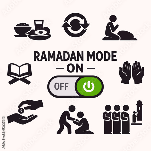 A graphic illustration depicting various icons and activities associated with the holy month of Ramadan, with a 'Ramadan Mode On' toggle switch.