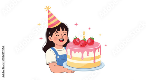 Joyful little girl wearing a birthday party hat and smiling happily while holding a large strawberry cake with one candle.