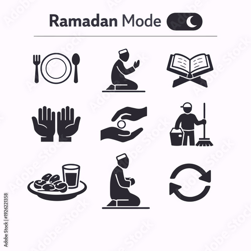 A comprehensive set of black and white icons illustrating various activities and practices associated with Ramadan, including prayer, charity, reading Quran, fasting, and daily routines.