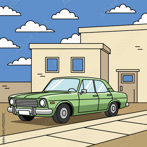 Vintage light green fourdoor sedan with chrome grille and bumpers shown in a simple bold cartoon illustration.