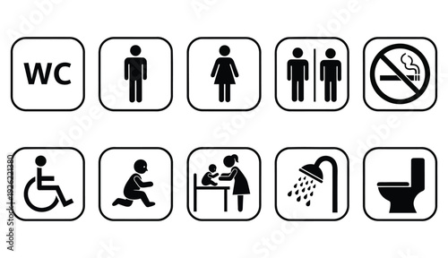 toilet icon set. WC sign. Washroom, male, female, unisex accessible, baby changing table room, shower, handicap, No smoking symbol. Public bathroom pictogram