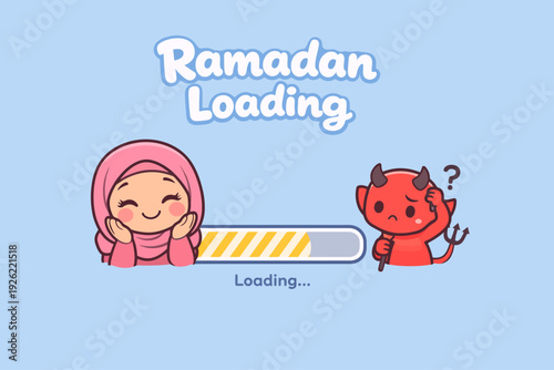Cute cartoon illustration showing a happy Muslim girl and a confused devil with a 'Ramadan Loading' progress bar, symbolizing the approach of the holy month.