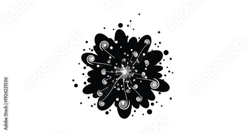 Abstract burst of energy with swirling lines and scattered dots on a white background