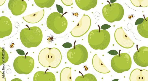 Seamless summer fruit pattern with whole green apples, fresh slices, and cute flying bees on a clean white background.