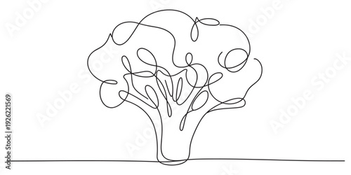 Continuous line art drawing of a single broccoli floret and stem on a white background Vector, illustration