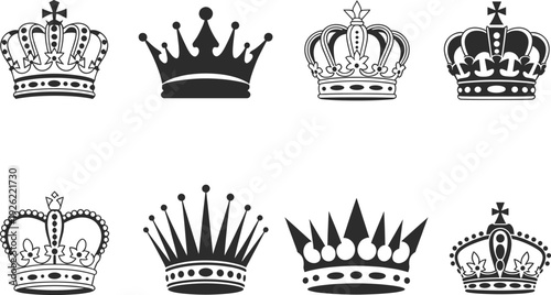 Royal crown collection vector set, black and white king and queen crown icons for heraldry logo design, vintage monarchy symbols isolated on white background